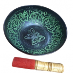Cuenco Tibetano 5 Metales – 20 cm aprox. – Exterior Negro y Interior Verde con Mariposas